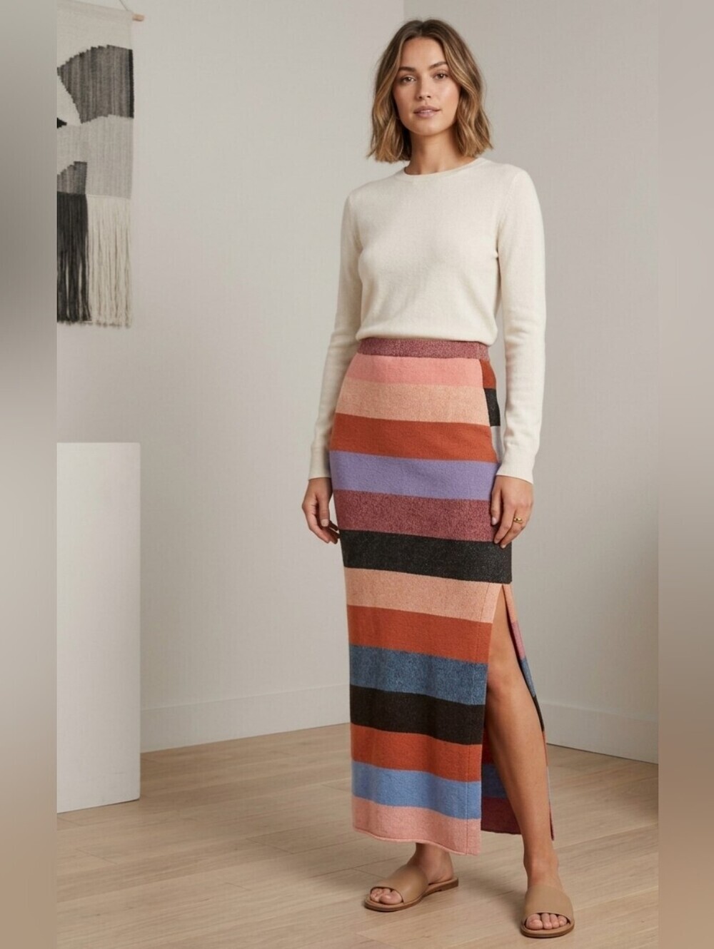 The Elder Statesman 100% Cashmere Color Block Midi Skirt
